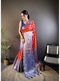 Suha - Kanjivaram Tissue Silk Saree With Unstitched Blouse Peacock Zari Work - Red