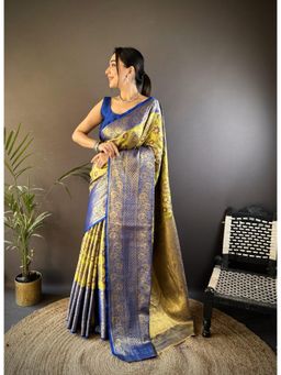 Suha - Kanjivaram Tissue Silk Saree With Unstitched Blouse With Unstitched Blouse Zari Work - Olive