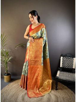 Suha - Kanjivaram Tissue Silk Saree With Unstitched Blouse With Unstitched Blouse Zari Work - Green