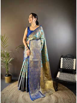 Suha - Kanjivaram Tissue Silk Saree With Unstitched Blouse Zari Work - Turquoise