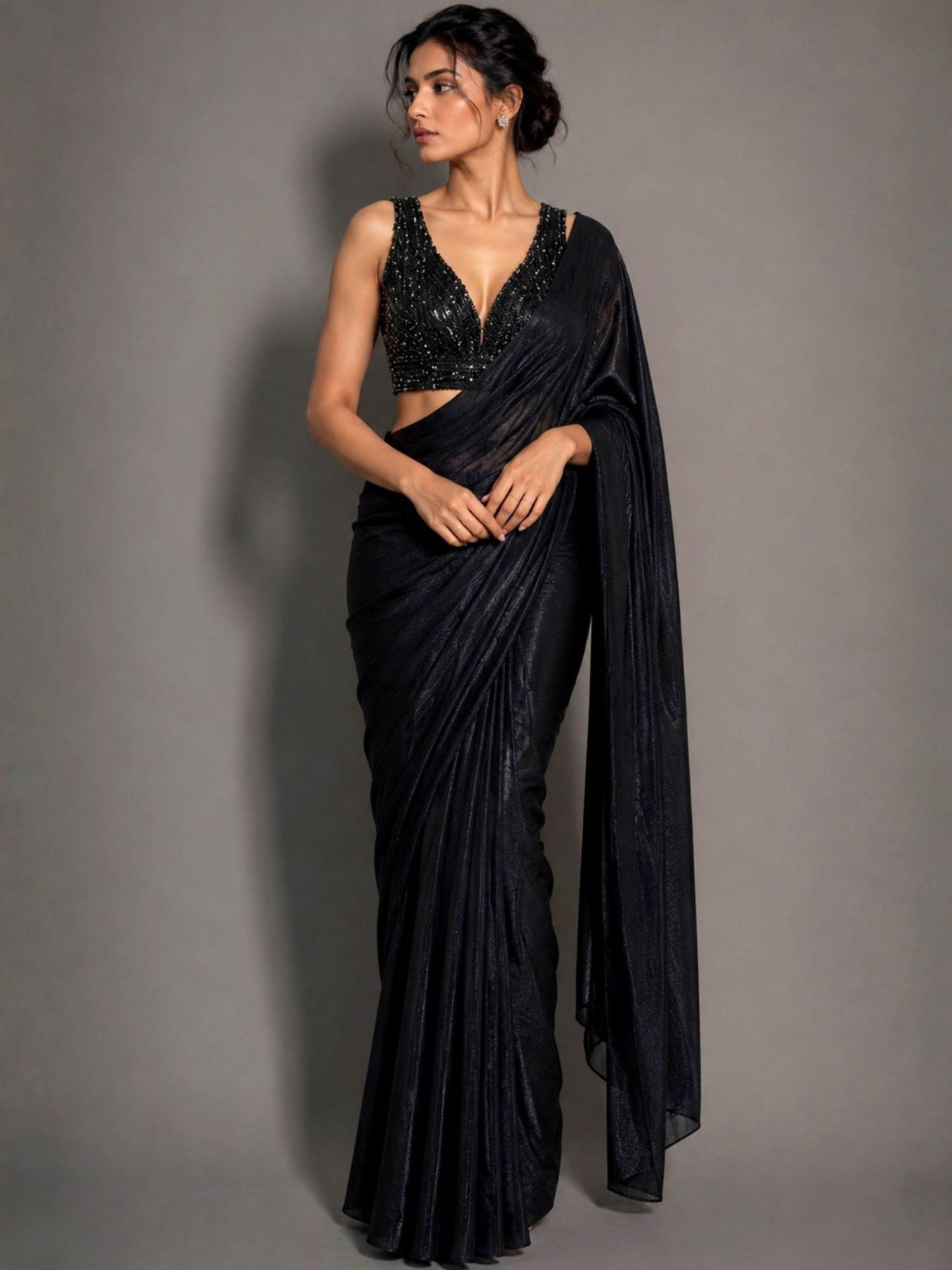 odette Black Georgette Solid Saree With Unstitched Blouse For Women-picture-11