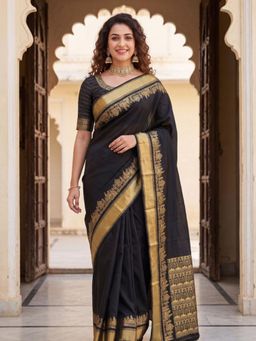 Odette - Black Silk Blend Woven Saree With Unstitched Blouse For Women