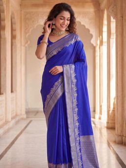 Odette - Blue Silk Blend Woven Saree With Unstitched Blouse For Women