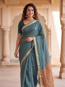 Odette - Dusty Blue Cotton Blend Woven Saree With Unstitched Blouse For Women