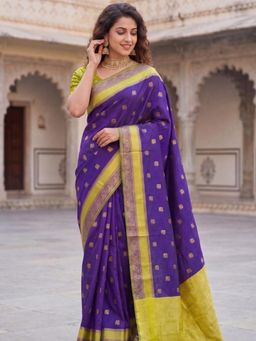 Odette - Dark Blue Silk Blend Woven Saree With Unstitched Blouse For Women