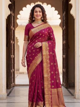 Odette - Maroon Silk Blend Woven Saree With Unstitched Blouse For Women