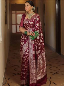 Odette - Maroon Silk Blend Woven Saree With Unstitched Blouse For Women