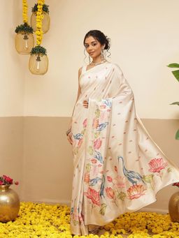 Silk Land - Floral Digital Printed Art Silk Festive Saree With Unstitched Blouse - Beige