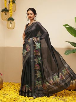 Silk Land - Kalamkari Printed Art Silk Festive Saree With Unstitched Blouse - Black
