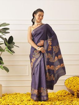 Silk Land - Kalamkari Printed Art Silk Festive Saree With Unstitched Blouse - Purple