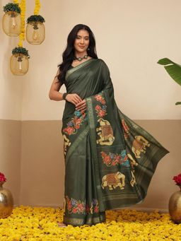 Silk Land - Elephant Printed Art Silk Festive Saree With Unstitched Blouse - Green