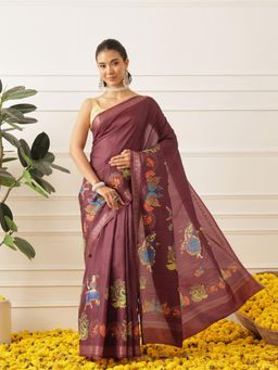 Silk Land - Kalamkari Printed Art Silk Festive Saree With Unstitched Blouse - Maroon