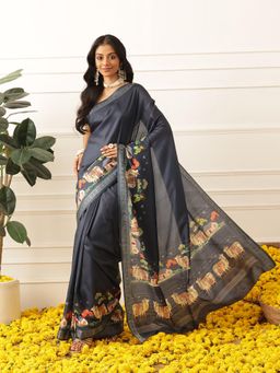 Silk Land - Animal Printed Art Silk Festive Saree With Unstitched Blouse - Grey