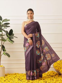 Silk Land - Kalamkari Printed Art Silk Festive Saree With Unstitched Blouse - Purple