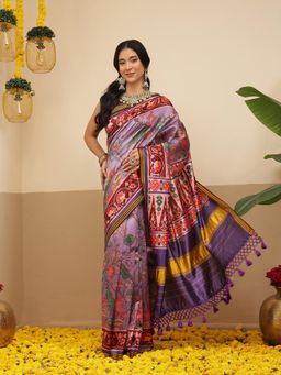 Silk Land - Kalamkari Patola Saree With Unstitched Blouse For Women With Lagdi Patta Pallu - Lavender