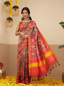 Silk Land - Kalamkari Patola Saree With Unstitched Blouse For Women With Lagdi Patta Pallu - Red