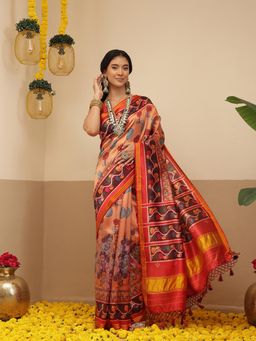 Silk Land - Kalamkari Patola Saree With Unstitched Blouse For Women With Lagdi Patta Pallu - Orange