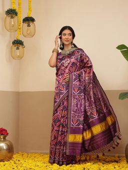 Silk Land - Patola will Weave Saree With Unstitched Blouse For Women& Tassel - Purple