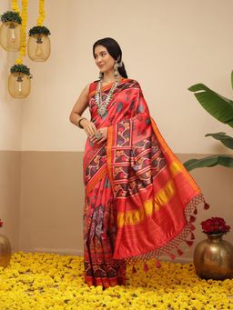 Silk Land - Kalamkari Patola Saree With Unstitched Blouse For Women With Lagdi Patta Pallu - Red