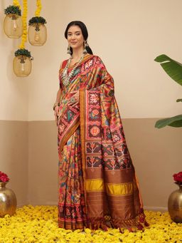 Silk Land - Kalamkari Patola Saree With Unstitched Blouse For Women- Multi-Color