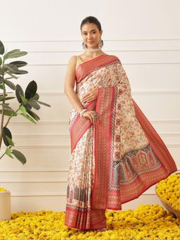 Silk Land - Womens Soft Tusser Silk Digital Printed Patola Saree With Unstitched Blouse - Multi-Color