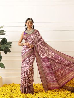 Silk Land - Womens Viscous Jacquard Border Patola Saree With Unstitched Blouse - Purple