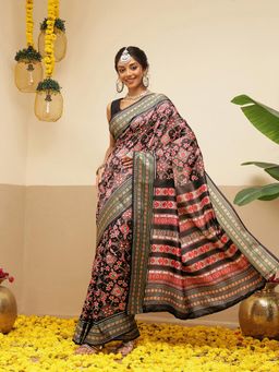 Silk Land - Womens Viscous Jacquard Border Patola Saree With Unstitched Blouses - Multi-Color
