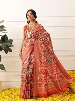 Silk Land - Womens Viscous Jacquard Border Patola Saree With Unstitched Blouses - Multi-Color