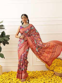 Silk Land - Womens Viscous Jacquard Border Patola Saree With Unstitched Blouses - Multi-Color