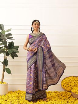 Silk Land - Womens Viscous Jacquard Border Patola Saree With Unstitched Blouse - Purple