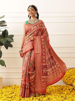 Silk Land - Womens Soft Silk Viscous Jacquard Border Patola Saree With Unstitched Blouses - Red