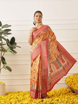 Silk Land - Womens Soft Tusser Silk Digital Printed Patola Saree With Unstitched Blouses - Yellow
