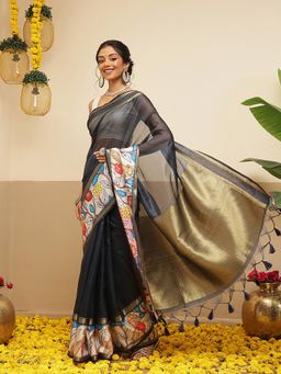 Silk Land - Womens Soft Muga Silk Solid Saree With Unstitched Blouse Printed Border - Grey