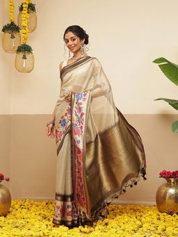 Silk Land - Womens Soft Muga Silk Solid Saree With Unstitched Blouse Printed Border - Cream
