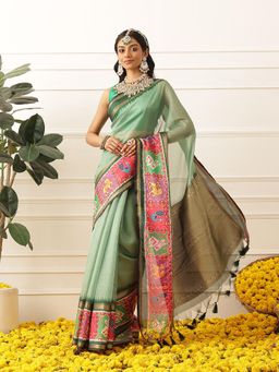 Silk Land - Womens Soft Muga Silk Solid Saree With Unstitched Blouse Printed Border - Green
