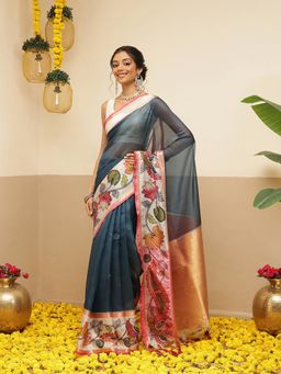 Silk Land - Womens Soft Muga Silk Solid Saree With Unstitched Blouse Printed Border - Teal