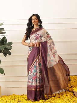 Silk Land - Womens Soft Muga Silk Kalamkari Saree With Unstitched Blouse Solid Border- Multi-Color