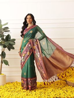 Silk Land - Womens Soft Muga Silk Kalamkari Saree With Unstitched Blouse Printed Border - Green