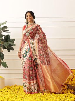 Silk Land - Womens Soft Muga Silk Ikkat Saree With Unstitched Blouse Printed Border - Maroon