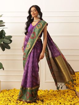 Silk Land - Womens Soft Muga Silk Ikkat Saree With Unstitched Blouse Printed Border - Purple