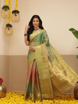 Silk Land - Warli Printed Crush Tissue Silk Saree With Unstitched Blouse Small Border - Multi-Color