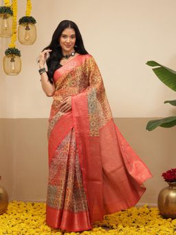 Silk Land - Warli Printed Crush Tissue Silk Saree With Unstitched Blouse Small Border - Multi-Color