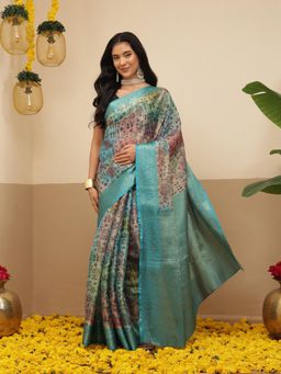 Silk Land - Warli Printed Crush Tissue Silk Saree With Unstitched Blouse Small Border - Teal