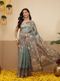 Silk Land - Digital Printed Lightweight Crush Tissue Silk Saree With Unstitched Blouse - Blue