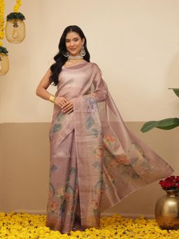 Silk Land - Digital Printed Lightweight Crush Tissue Silk Saree With Unstitched Blouse - Purple