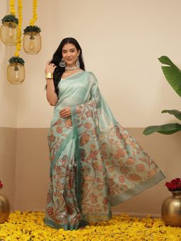 Silk Land - Digital Printed Lightweight Crush Tissue Silk Saree With Unstitched Blouse - Teal
