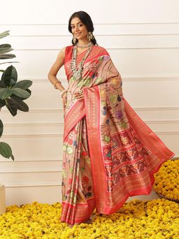 Silk Land - Womens Soft Silk Kalamkari Saree With Unstitched Blouse Viscous Jacquard Border - Peach
