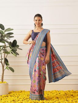 Silk Land - Womens Soft Silk Kalamkari Saree With Unstitched Blouse Viscous Jacquard Border - Pink