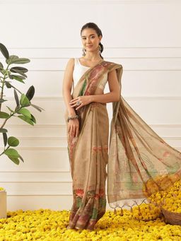 Silk Land - Kalamkari Printed Cotton Chanderi Saree With Unstitched Blouse Beautifull Tassels - Beige