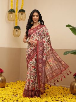 Silk Land - Womens Cotton Chanderi Saree With Unstitched Blouse Beautifull Tassels - Multi-Color